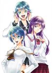  3girls akitsuki_fuuka aqua_eyes aqua_hair arms_up asahina_suzuka blush eba_yuzuki fuuka hands_on_hips headphones kimi_no_iru_machi long_hair multiple_girls open_mouth purple_hair school_uniform seo_kouji short_hair simple_background skirt smile suzuka white_clothes 