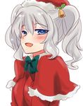  bell blue_eyes blush bow bowtie capelet hair_ornament hat jingle_bell kantai_collection kashima_(kantai_collection) open_mouth r-king red_capelet santa_costume santa_hat silver_hair solo twintails wavy_hair white_background 