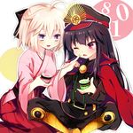  ahoge bad_id bad_pixiv_id blonde_hair bow cape eru_(948143) family_crest fate_(series) food food_on_face grey_eyes hair_bow hakama hat ice_cream indian_style japanese_clothes kimono koha-ace military military_uniform multiple_girls oda_nobunaga_(fate) oda_uri okita_souji_(fate) okita_souji_(fate)_(all) one_eye_closed red_eyes red_hakama shako_cap sitting uniform 