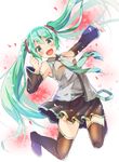  aqua_eyes aqua_hair blush detached_sleeves hair_ornament hatsune_miku long_hair looking_at_viewer mii_no_suke necktie open_mouth outstretched_arm petals skirt smile solo thighhighs twintails vocaloid zettai_ryouiki 