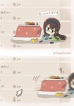  blue_eyes brown_hair cellphone charger comic controller cup cursor food fruit gameplay_mechanics glasses hairband harunagi kantai_collection kotatsu long_hair long_sleeves lying mandarin_orange necktie ooyodo_(kantai_collection) partially_translated phone pointer puffy_short_sleeves puffy_sleeves remote_control sailor_collar short_over_long_sleeves short_sleeves smartphone table tissue_box translation_request twitter_username 