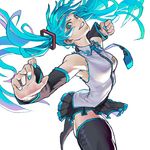  aqua_eyes aqua_hair black_footwear black_legwear boots clenched_hand detached_sleeves grin hatsune_miku highres long_hair loped necktie punching smile solo thigh_boots thighhighs twintails very_long_hair vocaloid zettai_ryouiki 