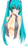  39 aqua_eyes aqua_hair areola_slip areolae breasts cleavage covered_nipples hatsune_miku headphones highres large_breasts long_hair looking_at_viewer open_clothes open_shirt sayo_ayato shirt simple_background solo tattoo twintails upper_body very_long_hair vocaloid white_background 