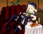  alcohol artoria_pendragon_(all) bad_id bad_pixiv_id black_footwear black_legwear blonde_hair boots breasts cake cape champagne champagne_flute chicken_(food) christmas cleavage cup dark_excalibur drinking_glass fate/grand_order fate_(series) food fur-trimmed_boots fur-trimmed_cape fur-trimmed_legwear fur_boots fur_trim hat looking_at_viewer pantyhose ribbon santa_alter santa_hat small_breasts smile solo suiete thigh_boots thighhighs wreath yellow_eyes 