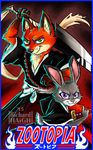  2016 anthro bleach canine clothed clothing digital_media_(artwork) disney duo female fox fur green_eyes grey_fur hi_res japanese_clothing judy_hopps katana lagomorph long_ears male mammal melee_weapon nick_wilde orange_fur purple_eyes rabbit richardah shinigami_uniform simple_background sword weapon zootopia 