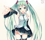  2016 blush cowboy_shot dated detached_sleeves green_eyes green_hair hanahanamaki hatsune_miku head_tilt highres long_hair necktie open_mouth outstretched_arm panties pantyshot side-tie_panties skirt solo thigh_gap thighhighs twintails twitter_username underwear very_long_hair vocaloid 