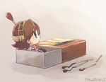  blue_eyes brown_hair chibi detached_sleeves hairband harunagi headgear hiei_(kantai_collection) kantai_collection looking_away matchbox matchstick military military_vehicle minigirl nontraditional_miko ship short_hair skirt solo warship watercraft 