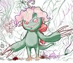  ambiguous_gender anthro astamxn digimon flora_fauna flower looking_at_viewer palmon plant ribbon_bow signature sketch smile standing vegetation 