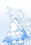  akino_sora animal_ears backless_dress backless_outfit bangs blue breasts commentary curly_hair dress erune ferry_(granblue_fantasy) frilled_dress frills gloves gradient gradient_background granblue_fantasy highres long_hair looking_at_viewer looking_back monochrome parted_lips pleated_dress profile sideboob sketch skirt small_breasts solo thighhighs 