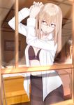 adjusting_hair bespectacled black_bra black_legwear blonde_hair bra breasts cleavage dress_shirt dressing from_outside glasses graf_zeppelin_(kantai_collection) jewelry kantai_collection large_breasts long_hair mouth_hold open_clothes open_shirt osterei panties panties_under_pantyhose pantyhose purple_eyes red-framed_eyewear ring semi-rimless_eyewear shirt solo under-rim_eyewear underwear wedding_band window 