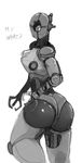  1_eye assaultron big_butt breasts butt english_text fallout female greyscale looking_back machine mcsweezy monochrome robot solo text video_games 