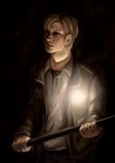  blonde_hair holding jacket james_sunderland male_focus omurizer open_clothes open_jacket parted_lips realistic shirt silent_hill_2 solo upper_body weapon 