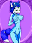 2016 blue_fur blue_hair blush bodysuit breasts canine chameloshi clothed clothing erect_nipples female fox fur green_eyes hair hi_res holding_breast jewelry krystal mammal metroid nintendo nipples skinsuit solo star_fox tight_clothing video_games white_fur zero_suit 