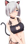  alphe animal_ears bad_id bad_nicoseiga_id bare_shoulders bell bell_choker bell_collar black_bra black_panties blue_eyes blush bra breasts cat_cutout cat_ear_panties cat_ears cat_lingerie cat_tail choker cleavage_cutout collar collarbone hair_ornament hair_over_one_eye hairclip hamakaze_(kantai_collection) highres jingle_bell kantai_collection kemonomimi_mode large_breasts meme_attire navel panties short_hair side-tie_panties silver_hair simple_background solo stomach tail underwear underwear_only v_arms white_background 