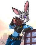  2016 anthro badge belt black_fur breasts buckteeth building city clothed clothing disney doughnut drooling english_text female food fur grey_fur hi_res judy_hopps lagomorph mammal open_mouth outside purple_eyes rabbit rena_ayama saliva signature simple_background size_difference solo teeth text white_background white_fur wide_hips zootopia 