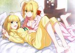  &gt;:) :d absurdres ahoge artoria_pendragon_(all) barefoot bed blonde_hair bow braid breasts cleavage fate/extra fate/stay_night fate_(series) hair_bow hair_intakes highres indoors leg_up looking_at_viewer lying medium_breasts multiple_girls nero_claudius_(fate) nero_claudius_(fate)_(all) on_back on_bed on_stomach open_mouth pajamas pillow saber scan smile takeuchi_takashi the_pose toes v-shaped_eyebrows 