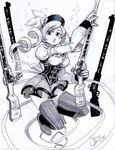  alex_ahad boots breasts corset detached_sleeves drill_hair fingerless_gloves full_body gloves greyscale gun hat highres jumping knee_boots long_hair magical_girl magical_musket mahou_shoujo_madoka_magica medium_breasts miniskirt monochrome open_mouth sketch skirt solo sparkle striped striped_legwear thighhighs tomoe_mami twin_drills vertical-striped_legwear vertical_stripes weapon 