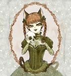  animal_ears bell braid cat_ears cat_girl cat_tail choker demon_girl dress embellished_costume extra_ears eyelashes floral_background flower frame frills gown green_dress green_ribbon grin holding index_finger_raised jingle_bell kaenbyou_rin lace multiple_tails nazo_(mystery) pale_skin pointy_ears puffy_short_sleeves puffy_sleeves red_eyes red_hair ribbon rose sharp_teeth short_sleeves skull slit_pupils smile solo tail teeth touhou twin_braids victorian 