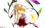  artist_name asymmetrical_hair bad_id bad_pixiv_id blonde_hair blood blood_drip blood_on_face closed_eyes flandre_scarlet hat highres kuk_work long_hair mob_cap number side_ponytail signature solo splatter touhou upper_body white_background white_hat 