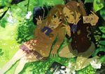  2girls blue_eyes brown_eyes brown_hair flowers glasses grass phone scan seifuku skirt tanaka_masayoshi tree 