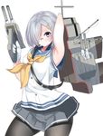  absurdres arm_behind_head armpits bad_id bad_pixiv_id bespectacled black_legwear blue_eyes cannon glasses gloves hair_ornament hair_over_one_eye hairclip hamakaze_(kantai_collection) highres kantai_collection nebusoku neckerchief pantyhose school_uniform serafuku short_hair short_sleeves silver_hair skirt solo turret weapon white_background white_gloves yellow_neckwear 
