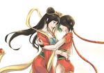  absurdres alternate_costume alternate_hairstyle annie_wong black_hair breasts china_dress chinese_clothes cleavage double_bun dress eye_contact firecracker_jinx forehead-to-forehead green_hair guqin_sona hagoromo hair_tubes hanfu highres hug jinx_(league_of_legends) league_of_legends long_hair long_sleeves looking_at_another low_twintails medium_breasts multicolored_hair multiple_girls sash shawl short_dress side_slit sona_buvelle twintails waist_hug yuri 