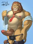  anthro balls bedroom_eyes bulge clothed clothing disney erection feline front_view half-closed_eyes humanoid_penis leodore_lionheart lion looking_at_viewer male mammal mane musclegut navel necktie nipples open_mouth open_shirt pants_down partially_clothed partially_retracted_foreskin pecs penis poking_out pubes reclamon seductive signature smile solo standing thong uncut underwear_pull undressing vein veiny_penis zootopia 