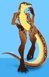  2016 anthro black_eyes blue_background brown_scales claws english_text featureless_crotch female fivel flat_chested green_sclera hi_res lizard nude raised_leg reptile scales scalie signature simple_background smile solo spots text toe_claws wide_hips yellow_scales 