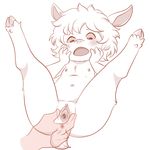  anthro anus blush breasts caprine cloven_hooves cub disembodied_hand duo female fur goat hooves hymen lonbluewolf mammal nipples pussy small_breasts solo_focus spread_pussy spreading surprise young 