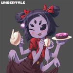  black_eyes black_hair blush copyright_name cup curtsey doughnut dress extra_eyes fangs food heart holding insect_girl monster_girl muffet multiple_arms one_eye_closed open_mouth plate purple_skin ribbon shirt short_hair short_twintails skirt_hold smile solo spider_girl ssorasora teacup teapot twintails two_side_up undertale 