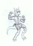  2012 abs athletic barefoot bulge claws clothed clothing dragon hair long_hair monochrome pose scales scalie shorts simple_background sketch smile teeth tigerlilylucky toe_claws topless traditional_media_(artwork) white_background zack 