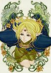  armor bad_id bad_pixiv_id belt blonde_hair circlet deedlit elf flower green_eyes highres long_hair looking_at_viewer pauldrons pointy_ears record_of_lodoss_war skirt smile solo supe_(yuusyasupepen) traditional_media undine 