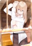  adjusting_hair bespectacled black_legwear blonde_hair breasts cleavage dress_shirt dressing from_outside glasses graf_zeppelin_(kantai_collection) jewelry kantai_collection large_breasts long_hair mouth_hold no_bra open_clothes open_shirt osterei panties panties_under_pantyhose pantyhose purple_eyes red-framed_eyewear ring semi-rimless_eyewear shirt snow solo under-rim_eyewear underwear wedding_band window 