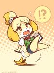  1girl animal_ears banana_peel bell blonde_hair bow brown_eyes clipboard dog_ears dog_girl doubutsu_no_mori falling flying_sweatdrops furry hair_ornament jingle_bell open_mouth panties pantyshot ponytail shigatake shirt shizue_(doubutsu_no_mori) short_hair skirt slipping solo speech_bubble surprised sweatdrop tail underwear vest white_shirt 