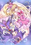  asahina_mirai black_gloves blonde_hair bracelet cure_magical cure_miracle elbow_gloves gloves hat heart highres interlocked_fingers izayoi_liko jewelry long_hair looking_at_viewer magical_girl mahou_girls_precure! mihara_youzora multiple_girls precure purple_eyes purple_hair side_ponytail smile star upside-down white_gloves witch_hat 