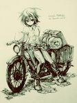  1girl artist_request coat female gun hermes kino kino_no_tabi monochrome motorcycle short_hair sketch solo weapon 