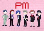  5boys amamiya_ren black_hair blue_hair bow brown_hair female_protagonist_(persona_3) full_body glasses grey_hair hair_ornament hairclip heart heart_in_mouth multiple_boys narukami_yuu necktie open_mouth orendi osomatsu-san parody persona persona_1 persona_2 persona_3 persona_3_portable persona_4 persona_5 school_uniform seven_sisters_high_school_uniform short_hair shuujin_academy_uniform smile st._hermelin_school_uniform style_parody suou_tatsuya tied_hair toudou_naoya vector_trace yasogami_school_uniform yuuki_makoto 