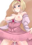  after_sex bare_shoulders blonde_hair blue_eyes blush breastless_clothes breasts cum cum_in_pussy cumdrip djeeta_(granblue_fantasy) dress dress_lift dress_tug fighter_(granblue_fantasy) granblue_fantasy hairband highres ichiko_(ichi) large_breasts nipples no_panties pink_hairband puffy_sleeves pussy short_hair solo standing sweat 