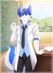  2015 anthro blue_fur book canine chalk chalkboard classroom clothed clothing dog english_text equation fangs fur husky hybrid inside male mammal mathematics necktie orange_eyes re-sublimity-kun school solo standing teacher text white_fur window wolf 