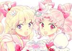  :d asahina_mirai bishoujo_senshi_sailor_moon blonde_hair bow character_name chibi_usa choker color_connection cosplay costume_switch crescent crescent_earrings crossover cure_miracle cure_miracle_(cosplay) double_bun earrings gloves hair_bow hair_ornament hairpin half_updo hat heart heart_choker heart_hands heart_hands_duo jewelry long_hair looking_at_viewer magical_girl mahou_girls_precure! mini_hat mini_witch_hat multiple_girls open_mouth pink_bow pink_eyes pink_hair pink_hat pink_sailor_collar ponytail precure puffy_sleeves purple_eyes red_bow sailor_chibi_moon sailor_chibi_moon_(cosplay) sailor_collar sailor_senshi_uniform saki_(hxaxcxk) short_hair smile sparkle super_sailor_chibi_moon super_sailor_chibi_moon_(cosplay) twintails upper_body white_background white_gloves witch_hat 