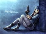  air_tone bad_id bad_pixiv_id beretta_92 black_eyes brown_hair character_name copyright_name fingerless_gloves full_body gloves gun handgun hat jill_valentine ponytail pouch resident_evil sitting solo trigger_discipline weapon 