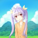  antenna_hair bangs blush buttons cloud collarbone commentary day hair_between_eyes hair_ribbon head_tilt kagamine_ran long_hair long_sleeves looking_at_viewer miyauchi_renge mountain non_non_biyori open_mouth outdoors purple_hair red_eyes ribbon sky solo triangle_mouth twintails upper_body 
