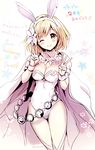  ;) alternate_costume animal_ears anniversary belly_chain blonde_hair blush breasts bunny_ears cape cleavage closed_mouth copyright_name detached_collar djeeta_(granblue_fantasy) double_v fake_animal_ears flower granblue_fantasy hair_flower hair_ornament hairband happy_birthday jewelry kurimomo leotard medium_breasts one_eye_closed red_eyes sage_(granblue_fantasy) short_hair smile solo twitter_username v wrist_cuffs 