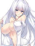  areola_slip areolae blue_eyes blush breasts cleavage huge_breasts light_smile long_hair looking_at_viewer minamon_(vittel221) navel parted_lips silver_hair simple_background solo very_long_hair white_background 