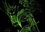  1boy absurdres black_background dragon fangs fighting_stance genji_(overwatch) hatching_(texture) helmet highres holding holding_sword holding_weapon katana ninja overwatch quick_(quickzhi) scabbard sheath simple_background standing sword tantou visor weapon 