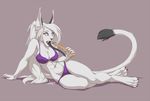  2016 5_fingers anthro black_nose bra breasts claws clothed clothing digitigrade dipstick_tail ear_tuft fangs feline female fur grey_nose hair long_tongue looking_at_viewer lying mammal multicolored_tail panties paws saber-toothed_cat sabertooth_(feature) simple_background snow_(snowier) solo stoopix tongue tuft underwear white_eyes white_fur white_hair 