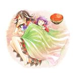  barefoot black_hair blanket blush bowl closed_eyes dress full_body headwear_removed horns imokichi kijin_seija long_sleeves lying multicolored_hair multiple_girls on_back on_side open_mouth profile puffy_sleeves purple_hair red_hair short_hair short_sleeves sleeping smile sukuna_shinmyoumaru touhou white_hair wide_sleeves 