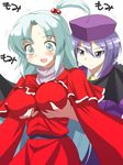  blush breast_grab breasts capelet crossover demon_girl demon_wings dress grabbing grabbing_from_behind grey_eyes hair_bobbles hair_ornament hat highres large_breasts long_hair long_sleeves m.u.g.e.n melty_blood mono_(moiky) multiple_girls one_side_up open_mouth purple_eyes purple_hair red_dress sash shinki silver_hair sion_eltnam_atlasia smile sweat touhou touhou_(pc-98) tsukihime very_long_hair wide_sleeves wings yuri 