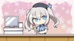  blue_eyes cash_register chibi counter employee_uniform hat highres kantai_collection kashima_(kantai_collection) kisaragi_yuu_(re:lucks) lawson long_hair silver_hair solo twintails uniform 