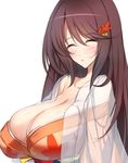  breasts brown_hair cleavage closed_eyes highres huge_breasts japanese_clothes kimono long_hair minamon_(vittel221) parted_lips see-through simple_background solo white_background 